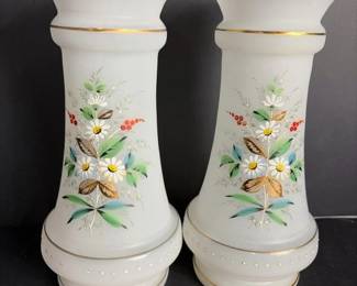 326 pairhandpaintedfloralopalineglassv