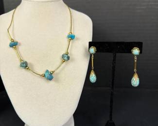 346 turquoiseandgoldtonenecklaceandear