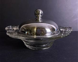 367 glassbutterdishwithsilvertonedome