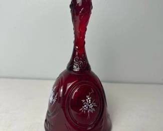 166 rubyredglassbellhandpaintedsigned