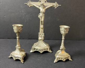 193 metalcrucifixandmetalcandlesticks