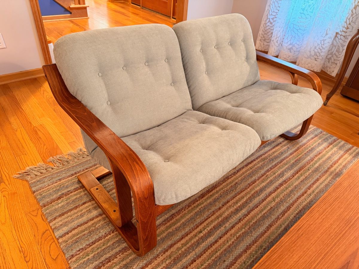Unique and rare Westnofa bent teak wood loveseats in excellent vintage condition. These will be sold separately