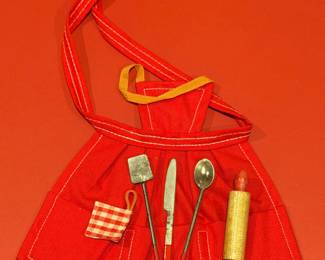 Ca. 1962 Mattel Barbie “What’s Cooking?” Fashion Pak red apron w/ kitchen utensils, rolling pin and red/white gingham pot holder