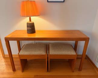 Ca. 1970’s Vejle Stole Danish teak console table and two vintage Danish teak stools. All will be sold separately