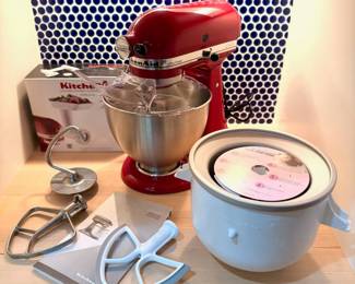 Like New KitchenAid Ultra Power 4.5qt stand mixer, Ice Cream Maker and NIB Food Grinder. Accessories will be sold separately