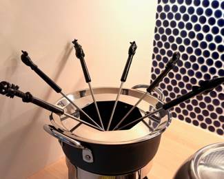 Calphalon Professional hard anodized fondu set, vintage stainless steel fondu with stand and vintage fondu pics