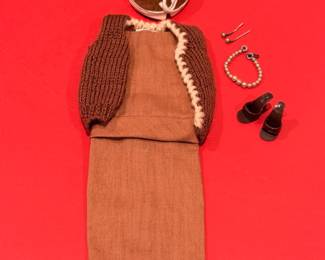 Ca. Early 60’s Mattel Barbie “Sorority Meeting” outfit #937, alongside its original miniature cardboard sewing pattern