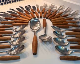 Incredible 50 piece set of vintage Dansk IHQ Fjord teak and stainless steel flatware set designed by Jens Quistgaard