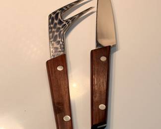 Mid Century Modern walnut and stainless steel carving set designed by Arthur Salm. The original box is included
