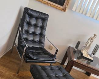 Vintage Lewittes & Sons tufted vinyl & chrome lounge chair & ottoman