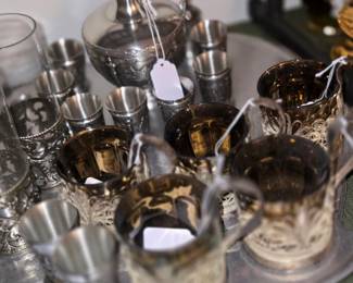 Pewter decanter & cups, Russian filigree glasses