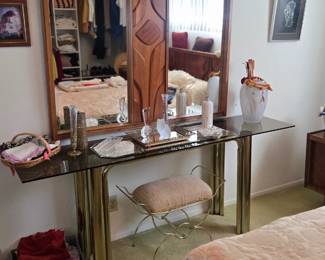 Matching Tabago mirror, Hollywood Regency smoked glass & brass console