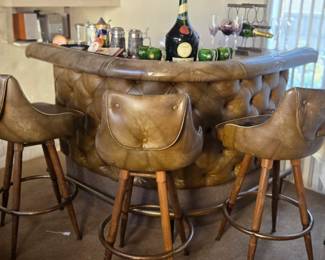 Mid Century tufted vinyl bar & 3 stools
