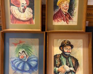 Clown Art Portraits - Mid Century Modern Era- Walnut Frames 
