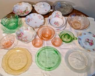 Antique Depression glass & Floral plates