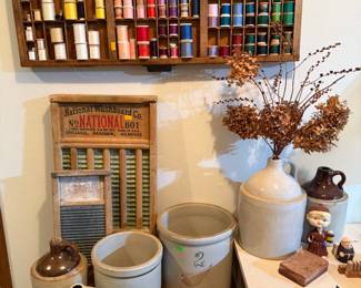 Antique crocks, washboards, typeset trays, typeset letters