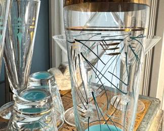 Mid-Century Atomic Turquoise & Gold Cocktail Shaker and Glass Barware Set