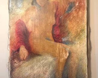 Signed Expressionist Seated Female Nude Figural Painting on Canvas with Red Artist Seal