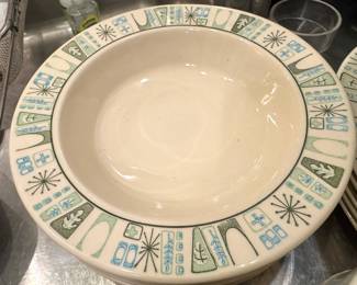 Mid-Century Atomic Aqua Green & Blue Geometric Ceramic Dinnerware Bowls