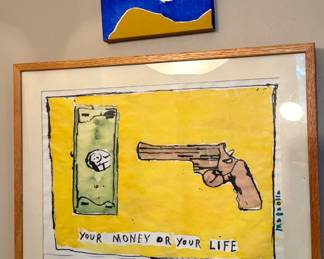 “Your Money or Your Life” Pop Art Mixed-Media Gun & Dollar Bill Artwork, Framed