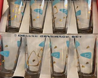 Federal Glass Mid-Century Atomic Turquoise & Gold Deluxe Beverage Glass Set in Original Box