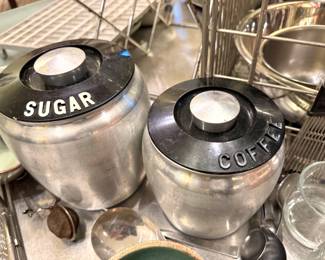 Mid-Century Aluminum Sugar & Coffee Canister Set with Black Bakelite Lids