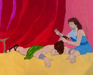 Figurative Cabaret Scene Painting with Red Curtain & Female Figures