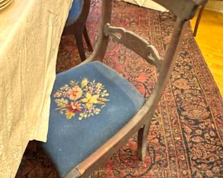 Needlepoint Floral Upholstered Dining Chair, Persian-Style Hand-Knotted Area Rug