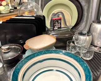 Assorted Mid-Century Kitchenware Lot with Studio Pottery, Bakeware, Glassware, Metal Trays & Kitchen Accessories