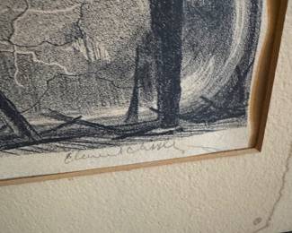  Signed Architectural Window & Fire Escape Charcoal Drawing, Framed