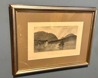 Mount Desert, Coast of Maine Antique Landscape Engraving with Sailboat, Framed