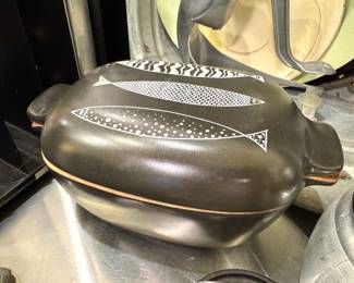 Signed Studio Pottery Fish-Decorated Covered Casserole Dish, 1983