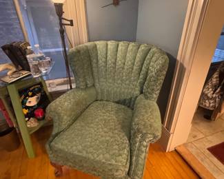Traditional Channel-Tufted Green Wingback Armchair with Carved Wood Feet