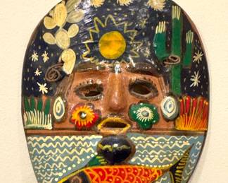 Mexican Folk Art Painted Ceramic Mask with Fish & Desert Motifs