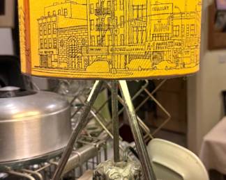 Mid-Century Modern Tripod Table Lamp with Architectural Cityscape Shade