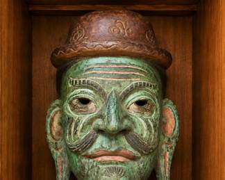 Hand-Carved Southeast Asian Polychrome Wood Ceremonial Mask with Hat
