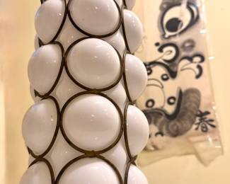 Mid-Century White Opaline Glass & Brass Bubble Table Lamp Shade