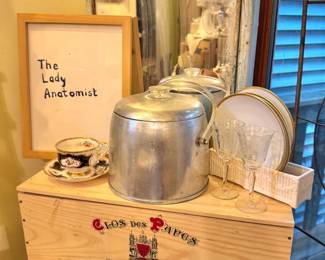 Assorted Barware, Ice Buckets, Crystal Stemware, Serving Pieces & Wine Crate