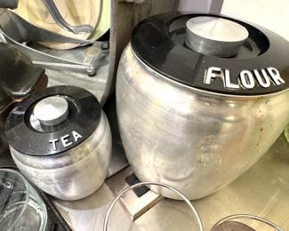 Mid-Century Aluminum Flour & Tea Canister Set with Black Bakelite Lids