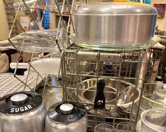 Mid-Century Aluminum Sugar & Coffee Canister Set with Black Bakelite Lids