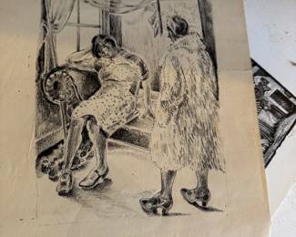 School Figural Interior Illustration, Two Women, c. 1930s–40s, Original Work on Paper