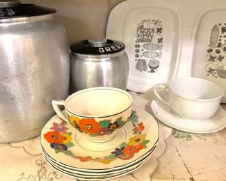 Finel Finland Floral Enamelware & Mid-Century Kitchenware Collection with Mushroom Bowl, Serving Trays, Aluminum Canisters, Cups & Saucers