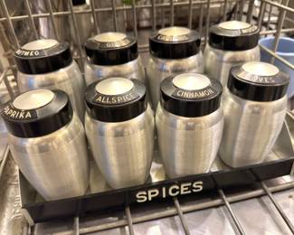 Mid-Century Aluminum Spice Canister Set with Black Bakelite Lids & Original “SPICES” Rack