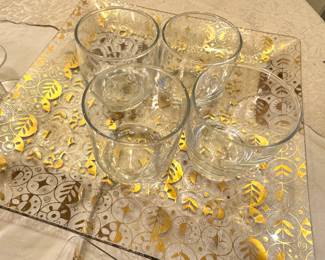 George Briard “Persian Garden” Gold Decorated Glass Serving Tray with Four Glasses,