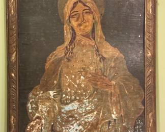 Pair of Religious Madonna & Child Folk Art Paintings in Carved Wood Frames