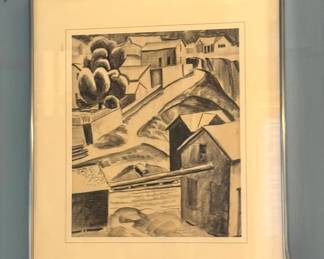 Village Landscape Charcoal / Graphite Drawing, Framed