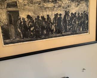 Signed Social Realist County Clerk Queue Figural Etching / Lithograph, Framed
