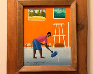 V. Hector Haitian Folk Art Interior Scene Painting “Map Fè Yon Limision Avan Travay