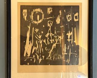 Framed Abstract Figural Woodblock Print