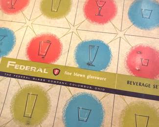 Federal Glass Mid-Century Atomic Turquoise & Gold Deluxe Beverage Glass Set in Original Box